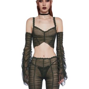 Widow Ruched Gathered Sheer Swiss Dot Mesh Crop Top With Removable Bell Sleeves - Green
