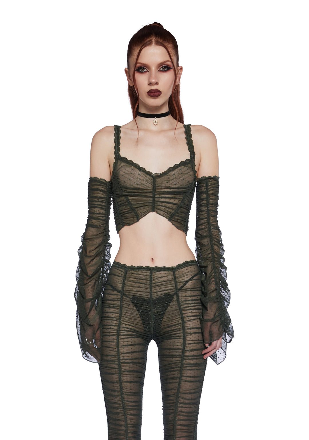 Widow Ruched Gathered Sheer Swiss Dot Mesh Crop Top With Removable Bell Sleeves - Green