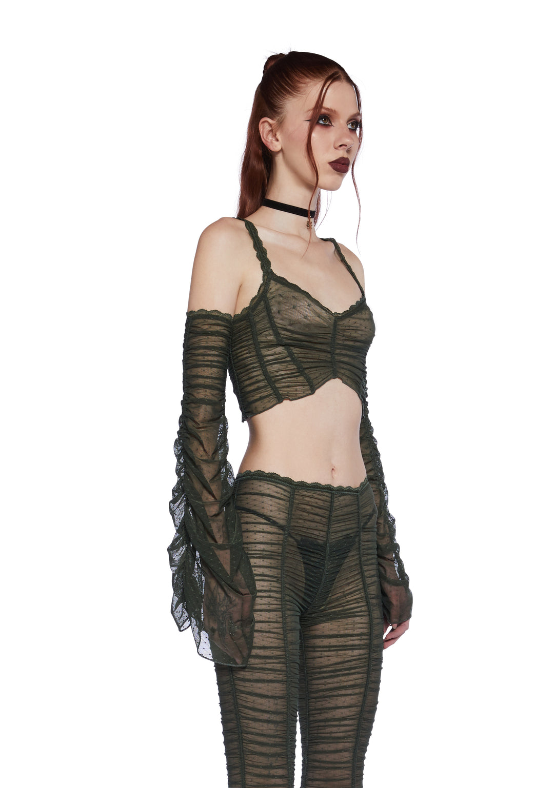 Widow Ruched Gathered Sheer Swiss Dot Mesh Crop Top With Removable Bell Sleeves - Green - Image 3