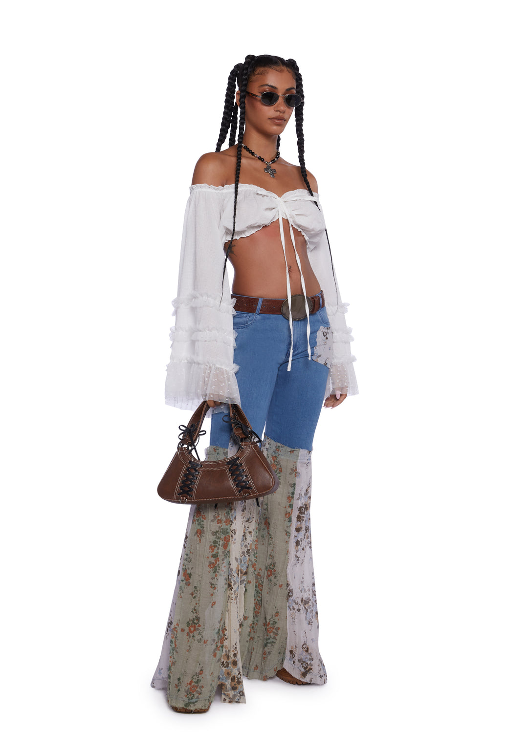 Current Mood Boho Crinkle Floral Patchwork Denim Flare Pants - Blue - Image 4
