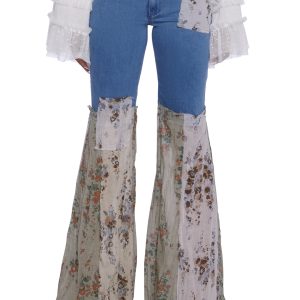 Current Mood Boho Crinkle Floral Patchwork Denim Flare Pants - Blue