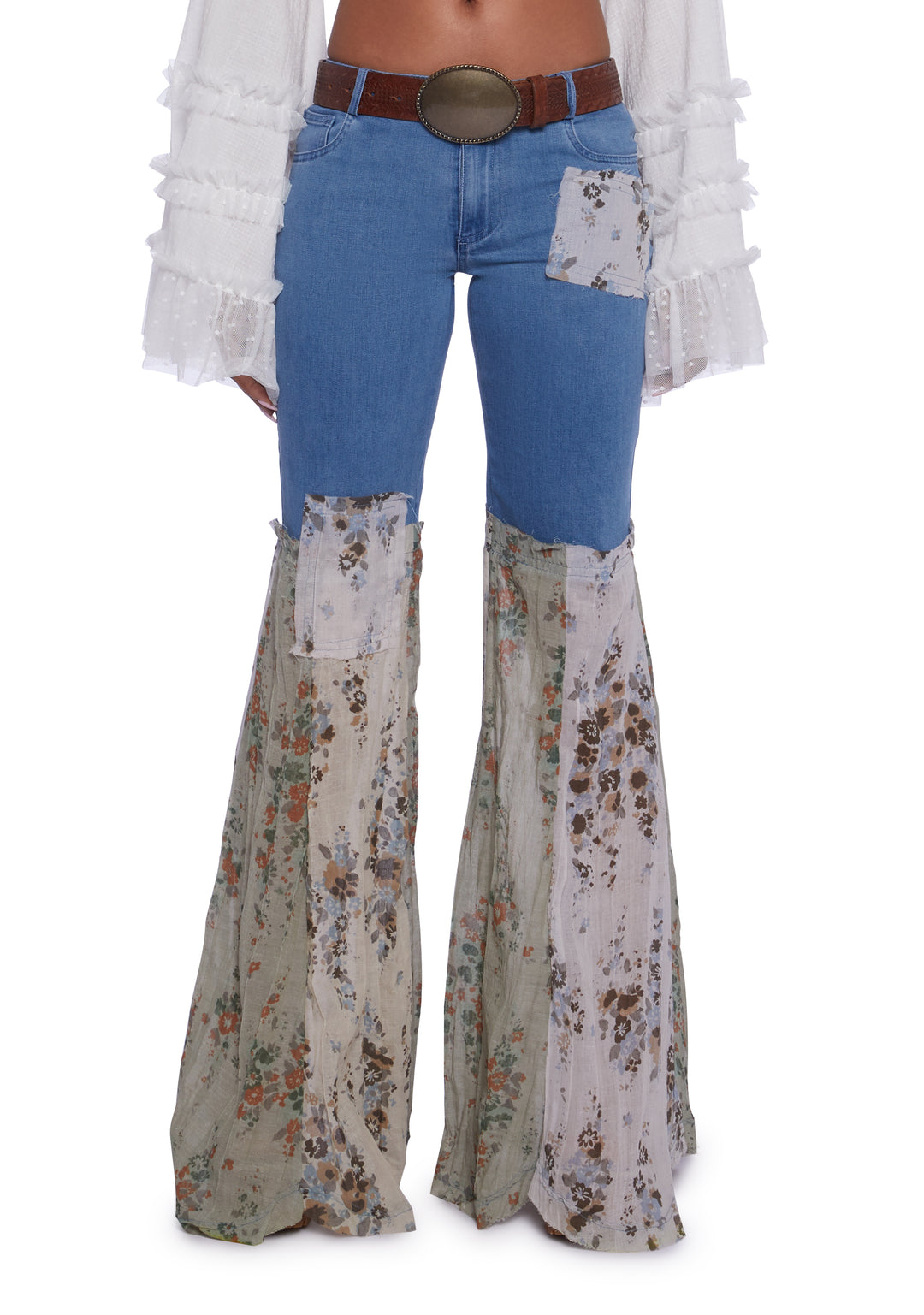 Current Mood Boho Crinkle Floral Patchwork Denim Flare Pants - Blue