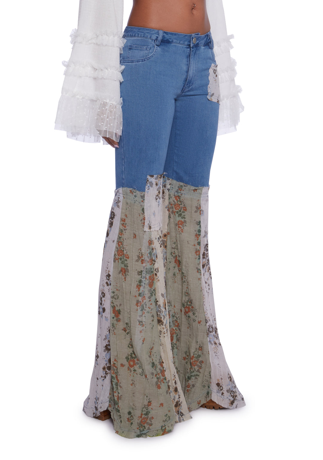 Current Mood Boho Crinkle Floral Patchwork Denim Flare Pants - Blue - Image 2