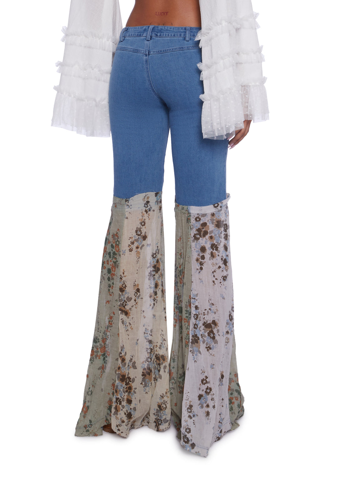 Current Mood Boho Crinkle Floral Patchwork Denim Flare Pants - Blue - Image 3