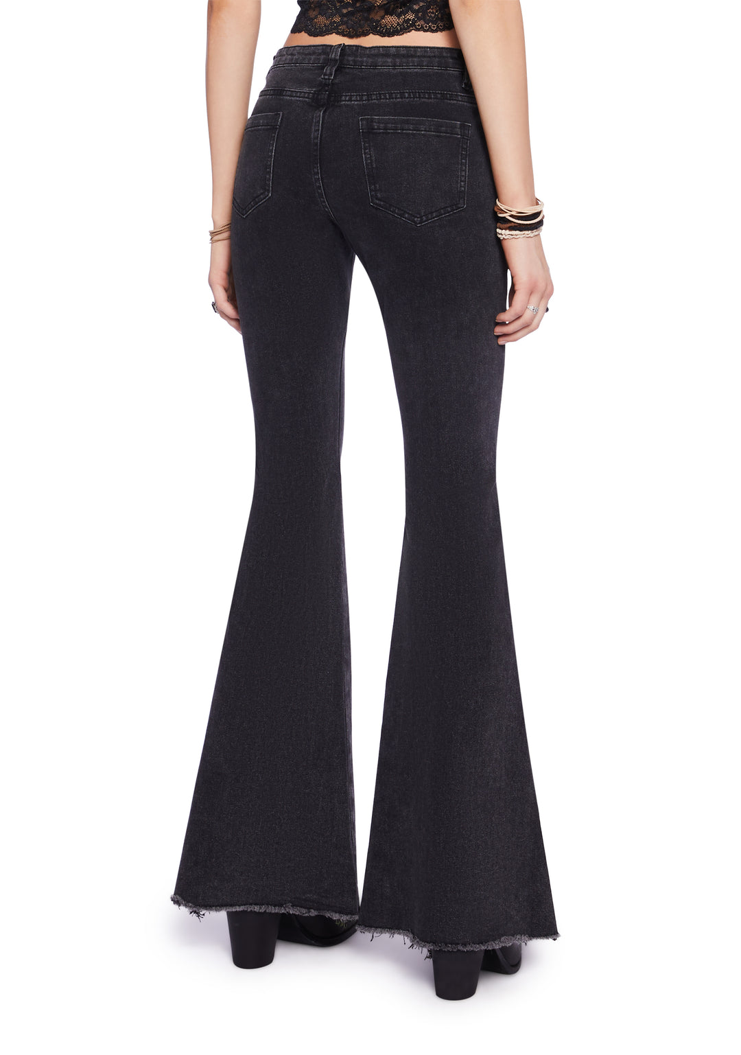 Current Mood Lace-Up Frayed Hem Flare Jeans Pants - Black - Image 4