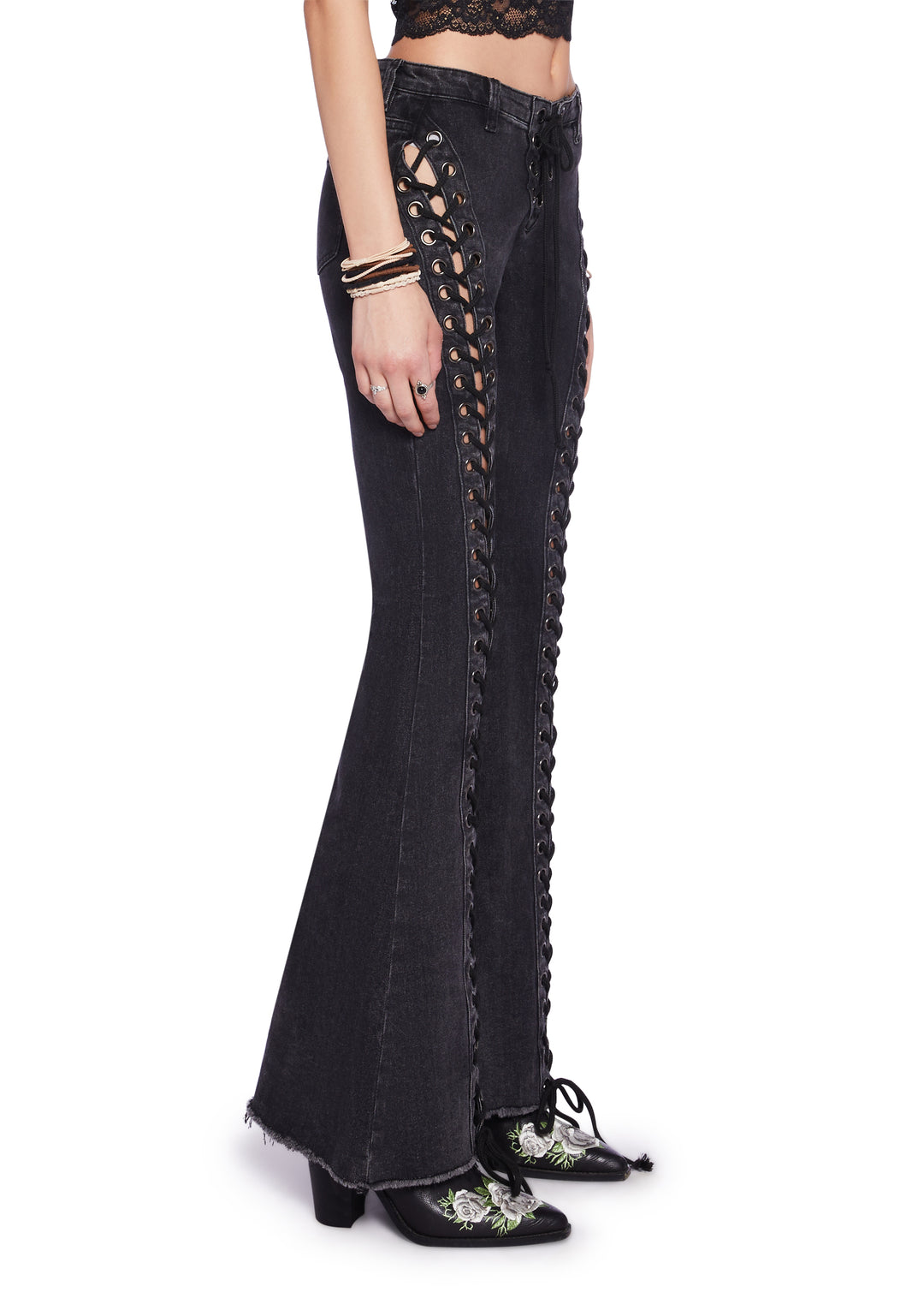 Current Mood Lace-Up Frayed Hem Flare Jeans Pants - Black - Image 3