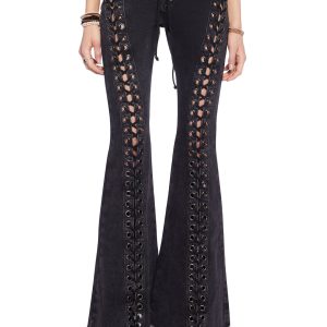 Current Mood Lace-Up Frayed Hem Flare Jeans Pants - Black