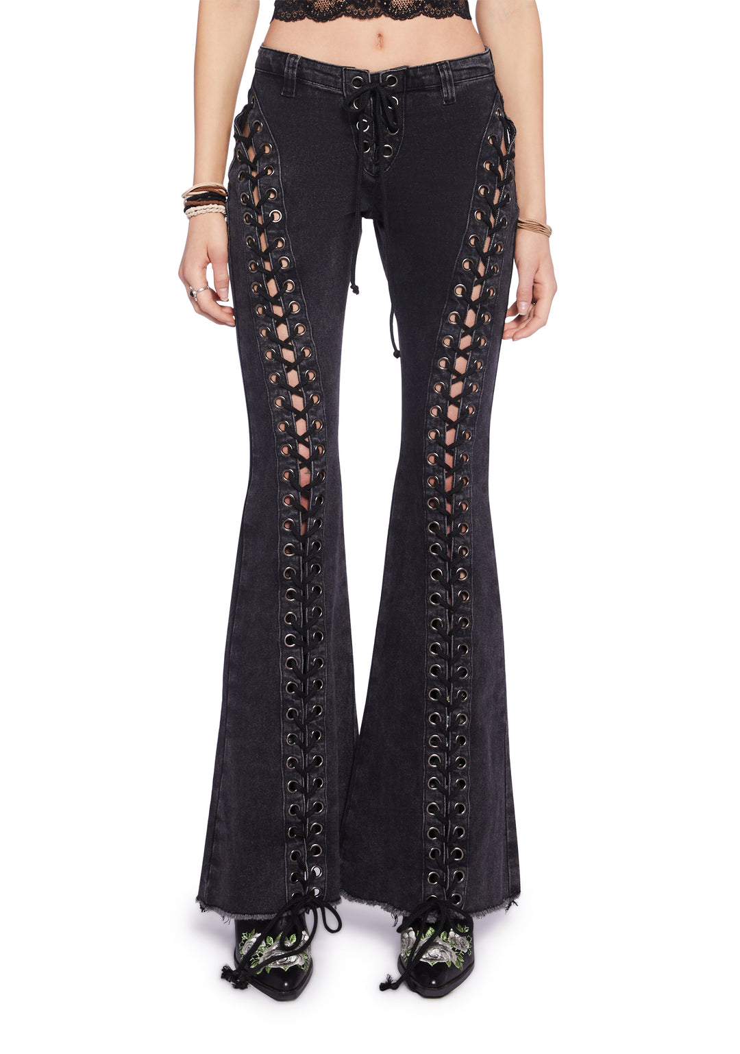 Current Mood Lace-Up Frayed Hem Flare Jeans Pants - Black