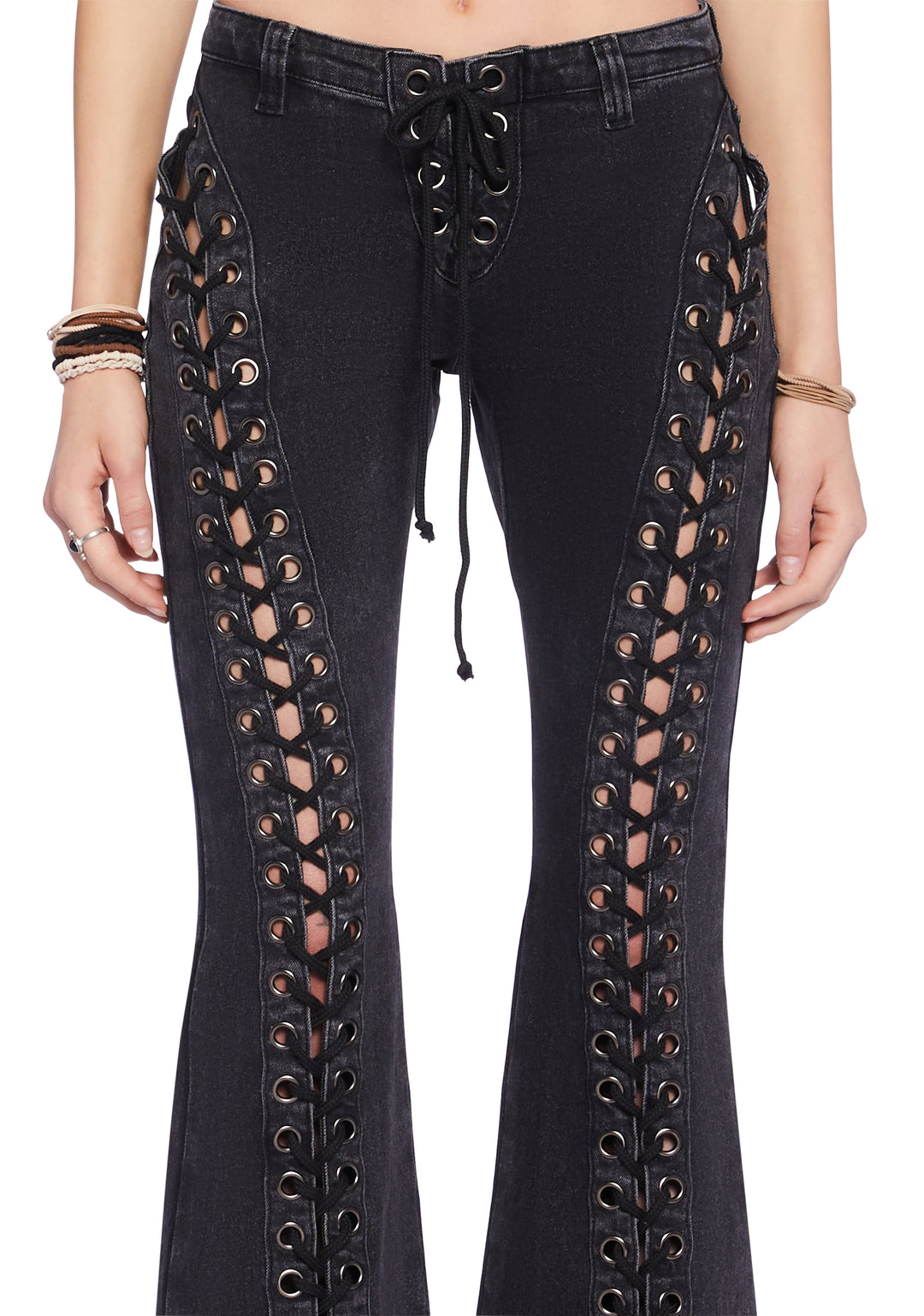 Current Mood Lace-Up Frayed Hem Flare Jeans Pants - Black - Image 5