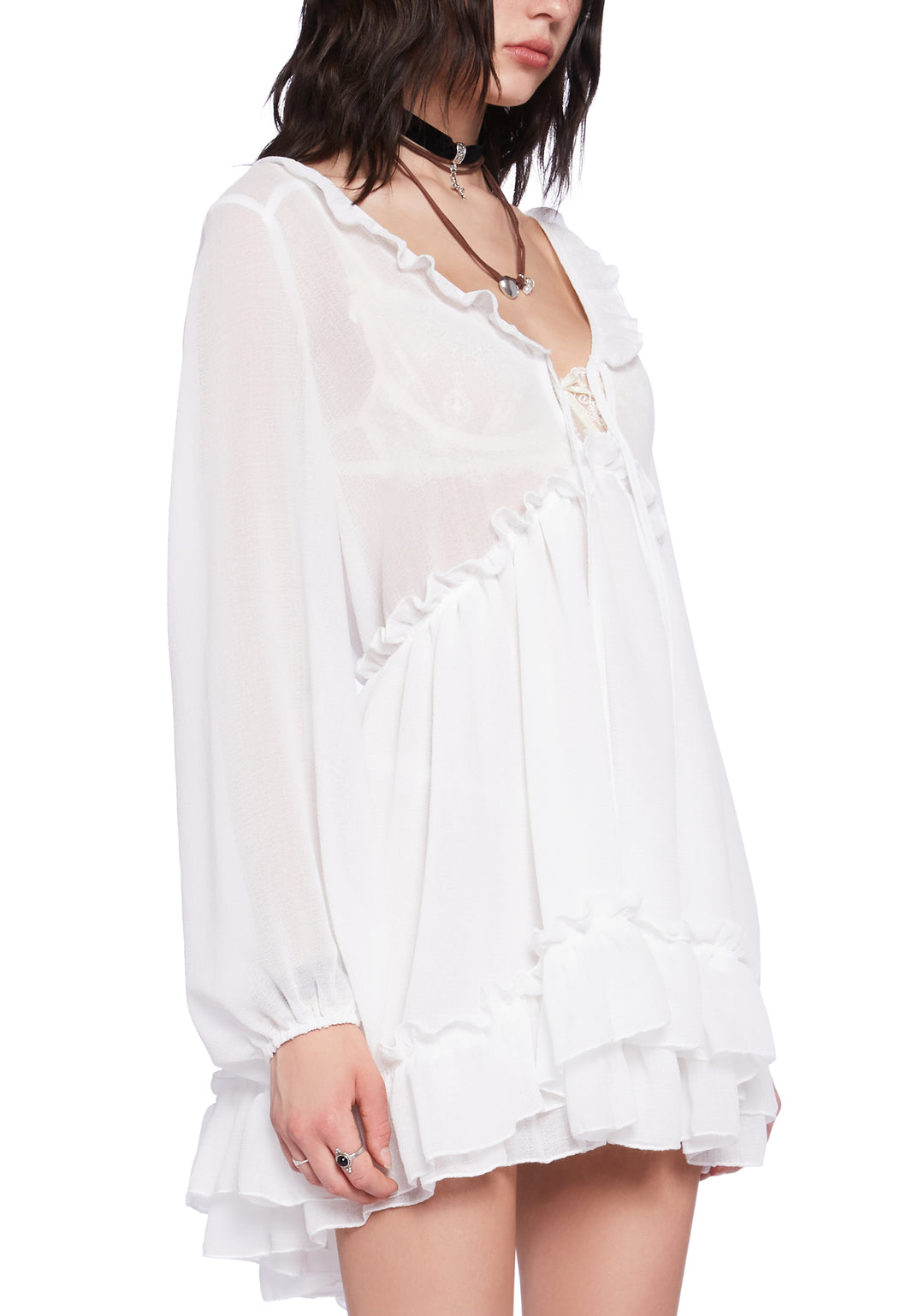 Current Mood Sheer Chiffon Ruffled Babydoll Dress - Off White - Image 5