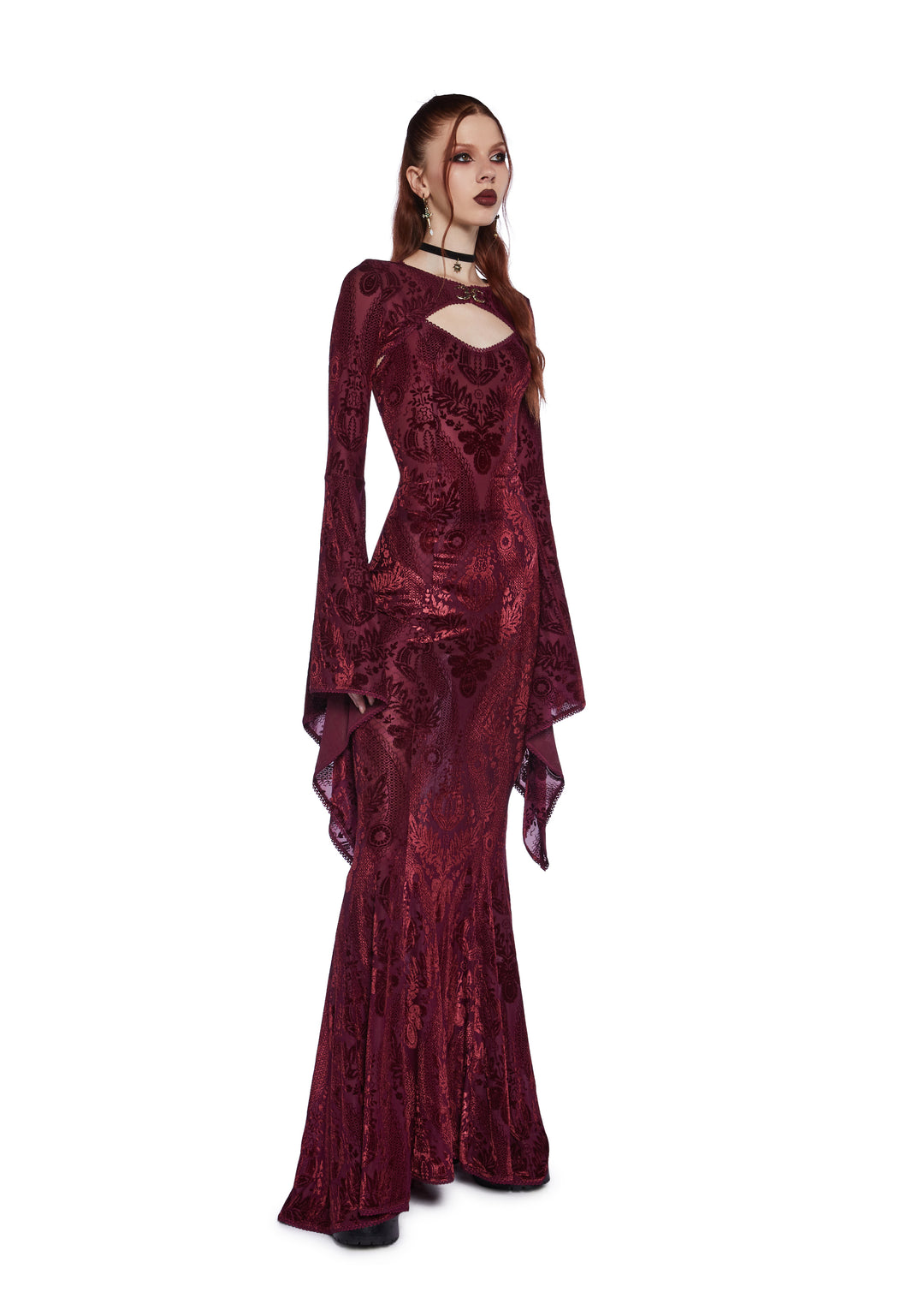 Widow Goth Velvet Flocked Maxi Dress And Shrug Set - Dark Red - Image 5