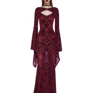 Widow Goth Velvet Flocked Maxi Dress And Shrug Set - Dark Red