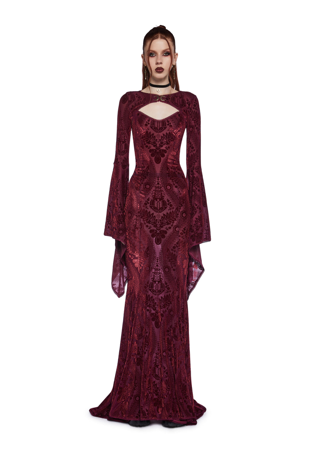 Widow Goth Velvet Flocked Maxi Dress And Shrug Set - Dark Red