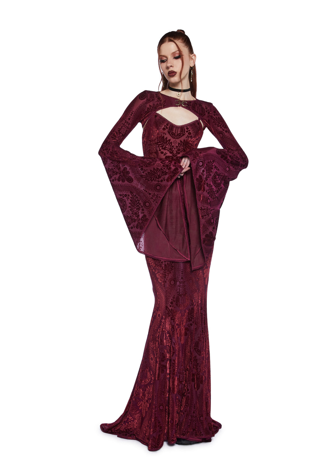 Widow Goth Velvet Flocked Maxi Dress And Shrug Set - Dark Red - Image 6