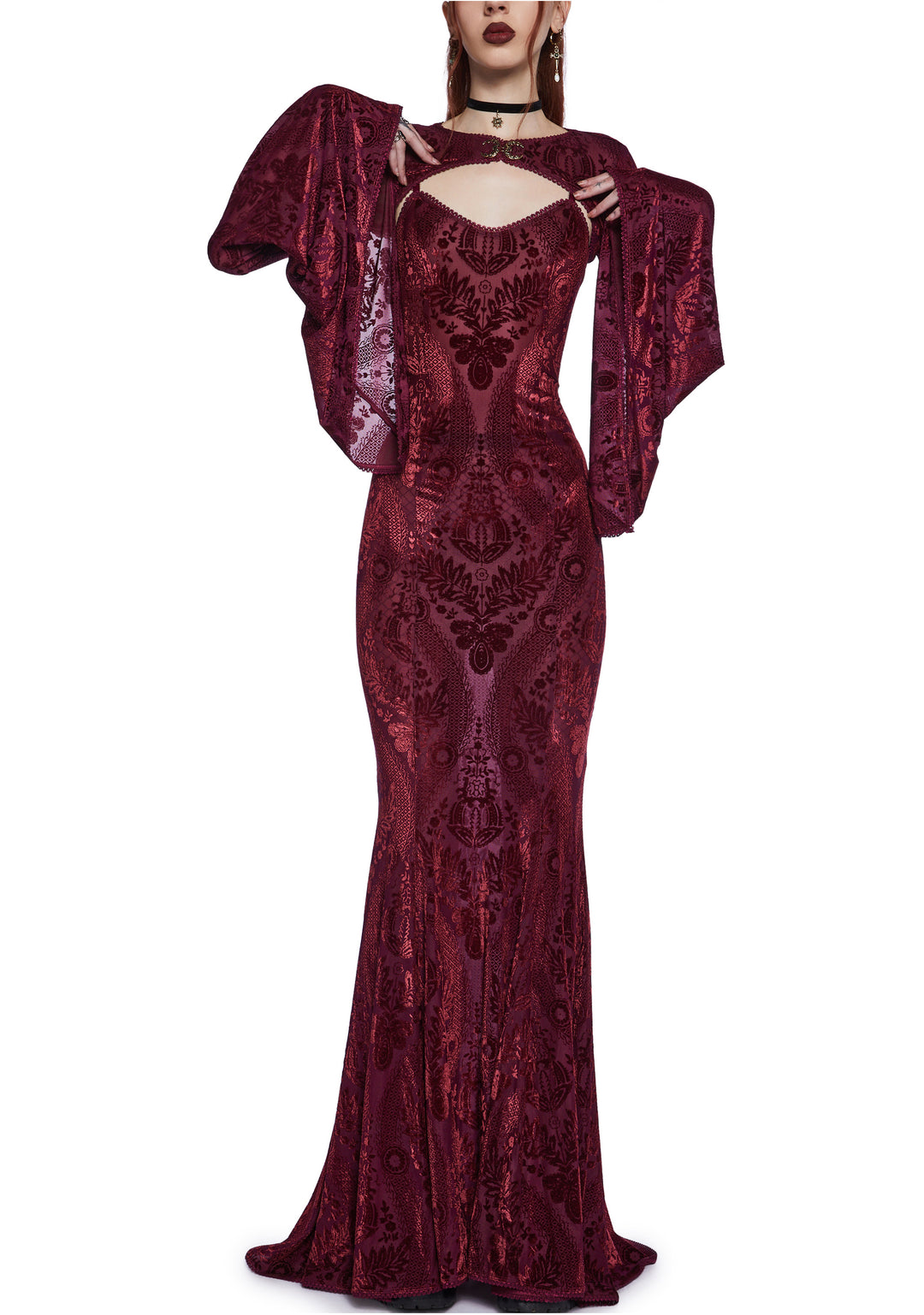 Widow Goth Velvet Flocked Maxi Dress And Shrug Set - Dark Red - Image 7