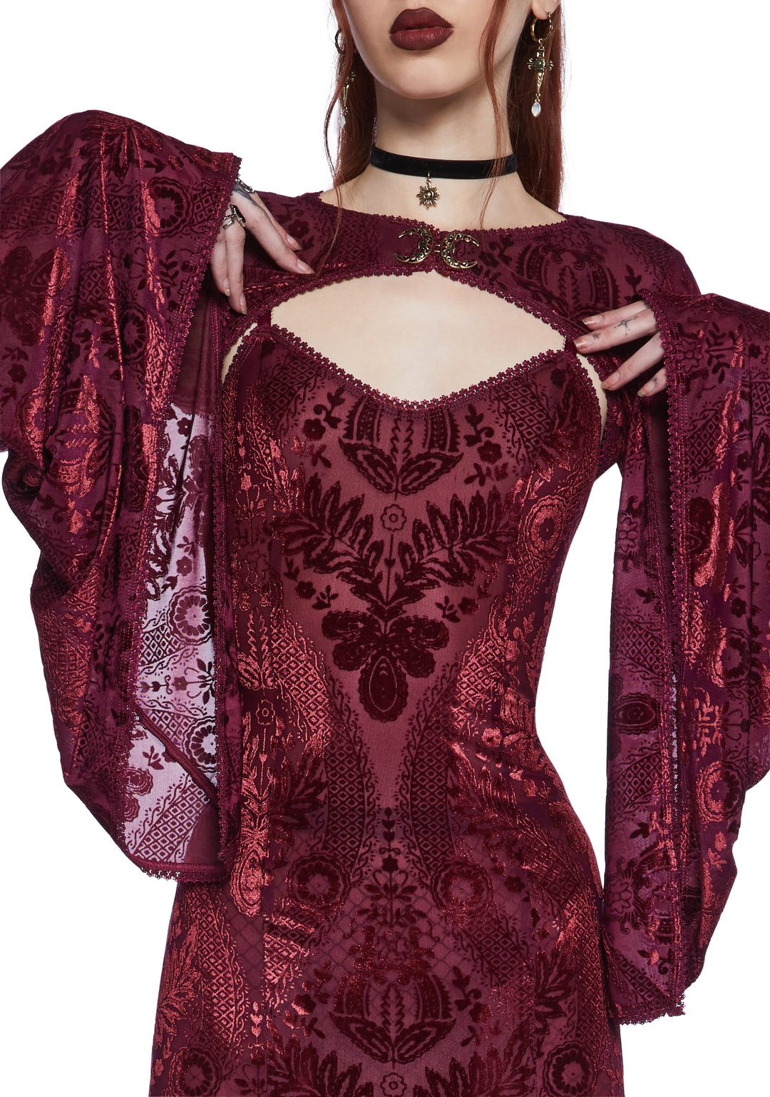 Widow Goth Velvet Flocked Maxi Dress And Shrug Set - Dark Red - Image 3
