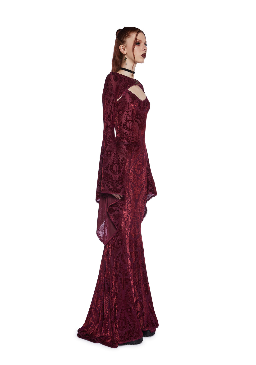 Widow Goth Velvet Flocked Maxi Dress And Shrug Set - Dark Red - Image 2