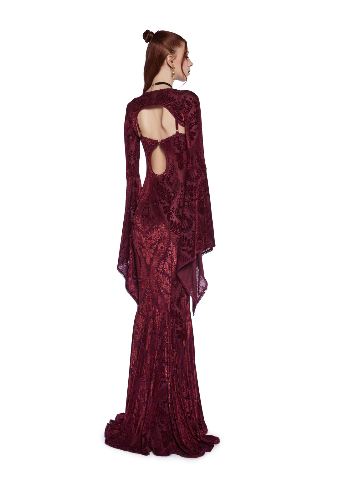 Widow Goth Velvet Flocked Maxi Dress And Shrug Set - Dark Red - Image 4