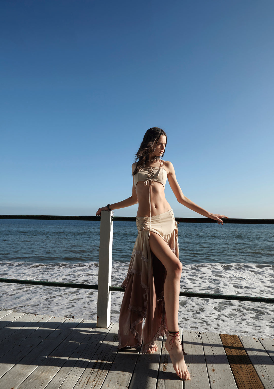 Current Mood Dip Dye Cropped Cami Lace-Up Maxi Handkerchief Skirt Set - Brown - Image 4