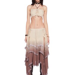 Current Mood Dip Dye Cropped Cami Lace-Up Maxi Handkerchief Skirt Set - Brown