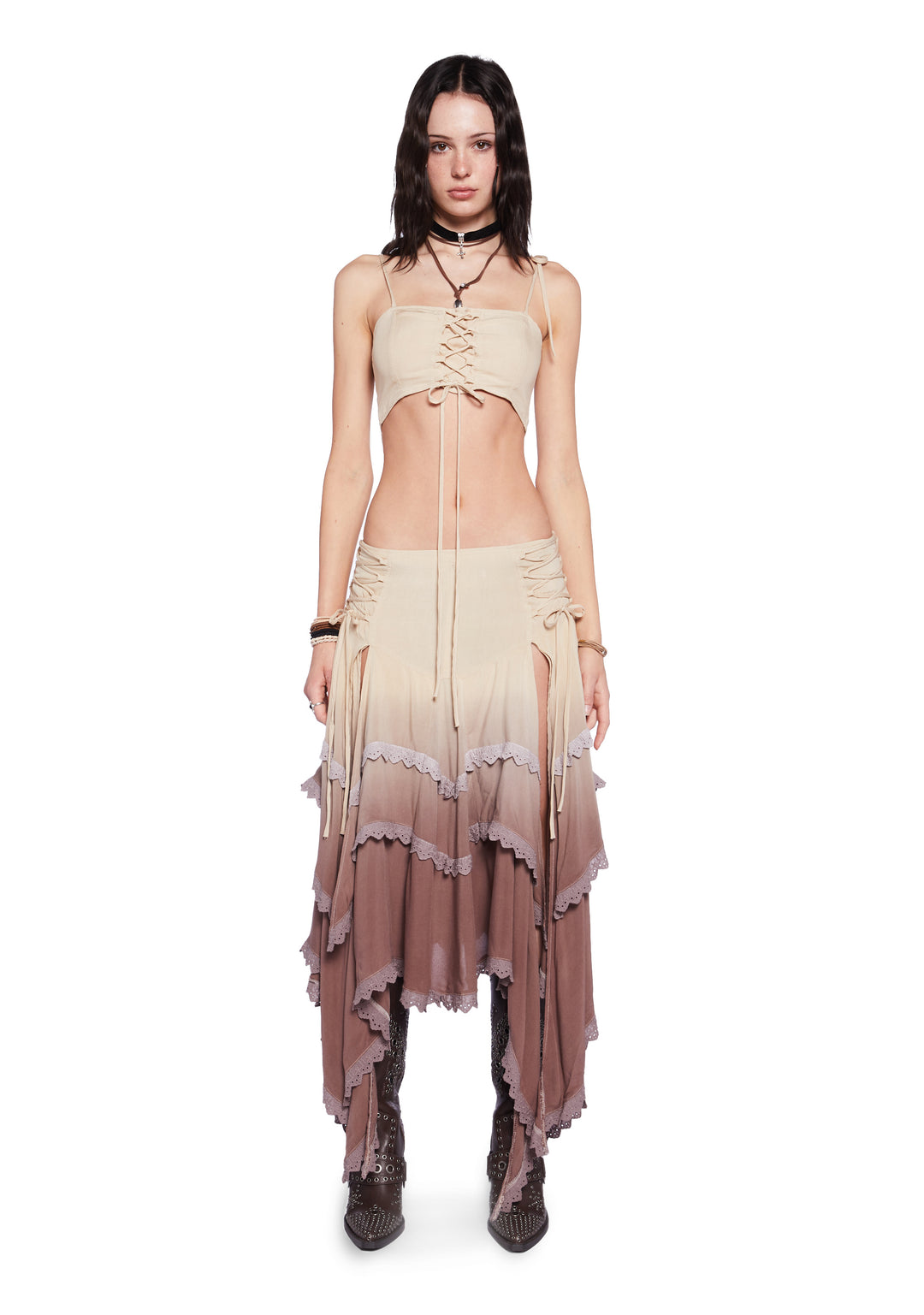 Current Mood Dip Dye Cropped Cami Lace-Up Maxi Handkerchief Skirt Set - Brown