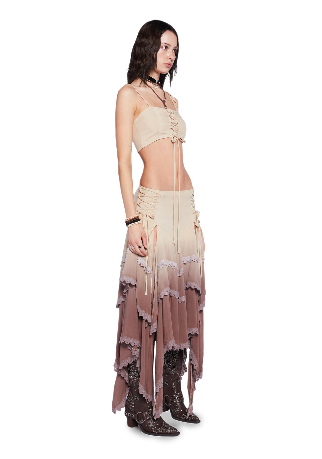 Current Mood Dip Dye Cropped Cami Lace-Up Maxi Handkerchief Skirt Set - Brown - Image 3
