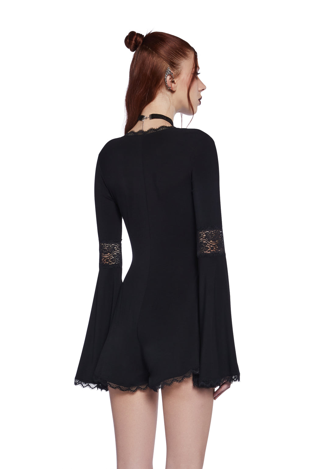 Widow Goth Stretchy Knit Lace Romper - Black - Image 4