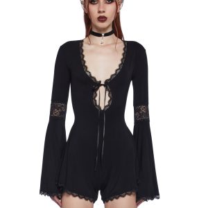 Widow Goth Stretchy Knit Lace Romper - Black