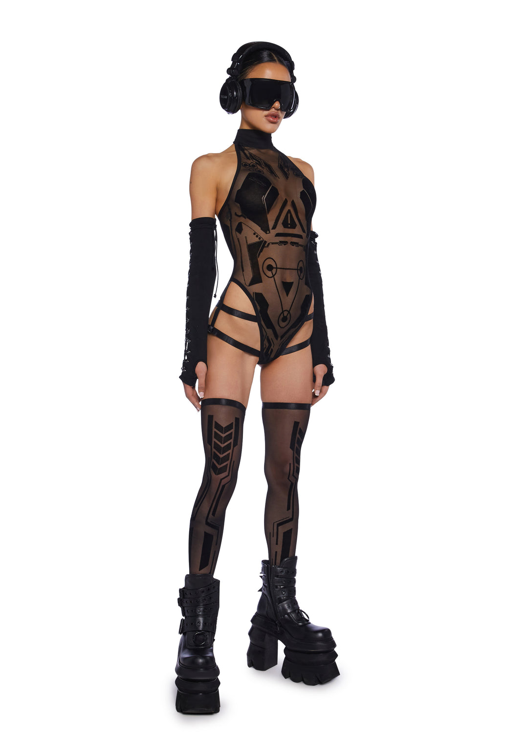 Club Exx Sheer Mesh Bodysuit With Velvet Cyber Graphics And Socks - Black - Image 4