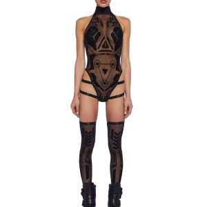 Club Exx Sheer Mesh Bodysuit With Velvet Cyber Graphics And Socks - Black
