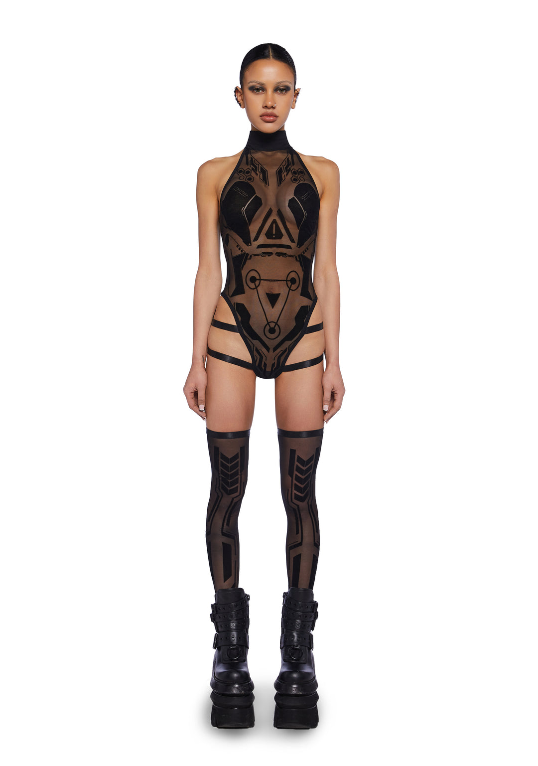 Club Exx Sheer Mesh Bodysuit With Velvet Cyber Graphics And Socks - Black
