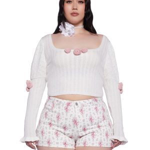 Plus Size Sugar Thrillz Regency Rosette Pointelle Long Sleeve Top - White