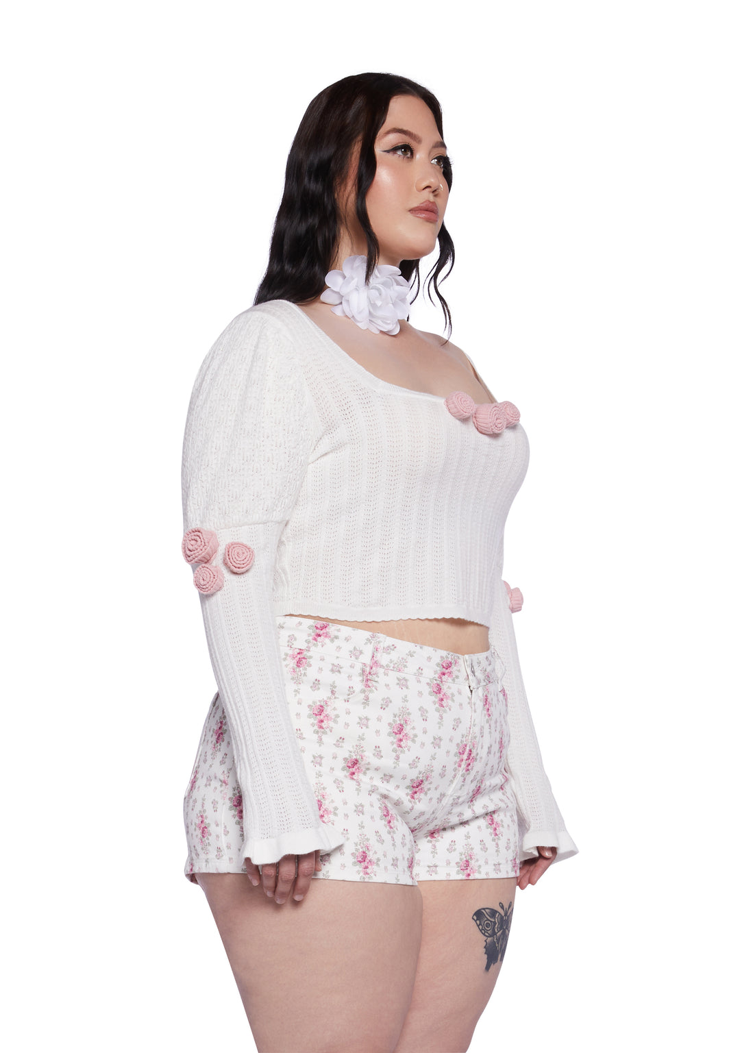 Plus Size Sugar Thrillz Regency Rosette Pointelle Long Sleeve Top - White - Image 2