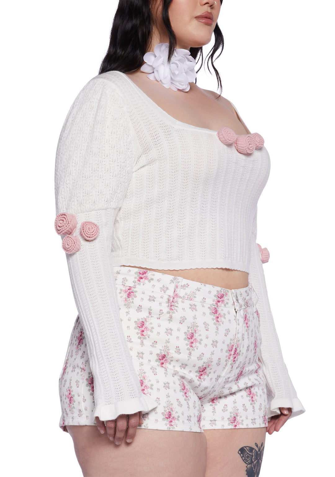 Plus Size Sugar Thrillz Regency Rosette Pointelle Long Sleeve Top - White - Image 5
