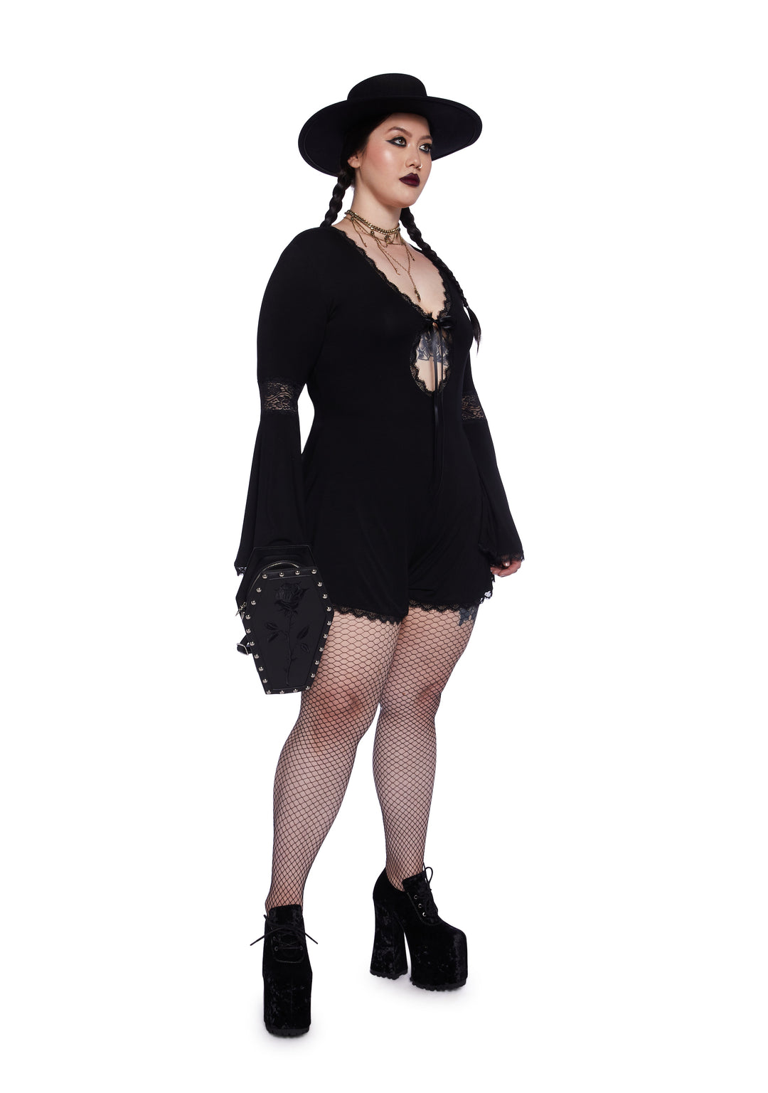 Plus Size Widow Goth Stretchy Knit Lace Romper - Black - Image 2
