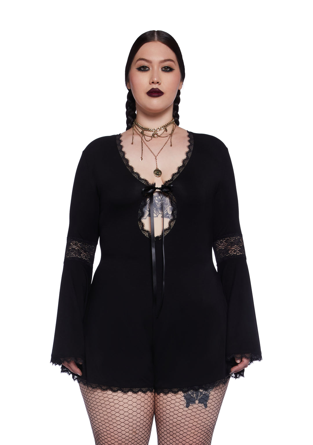 Plus Size Widow Goth Stretchy Knit Lace Romper - Black