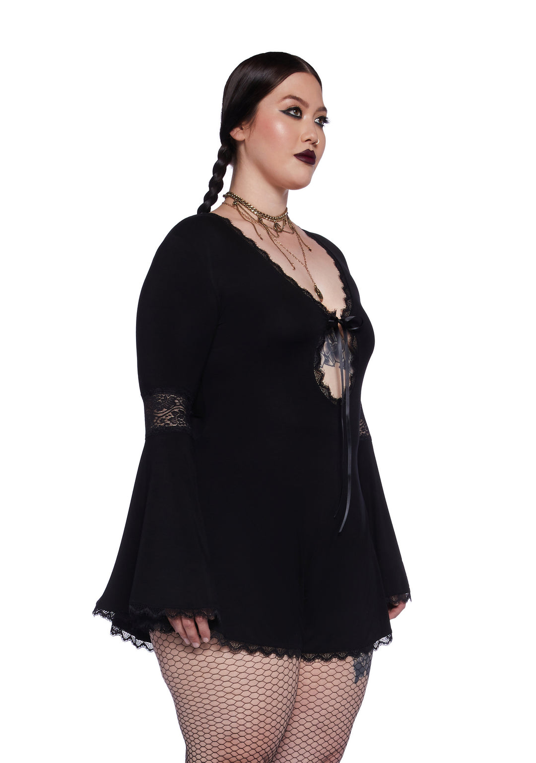 Plus Size Widow Goth Stretchy Knit Lace Romper - Black - Image 3