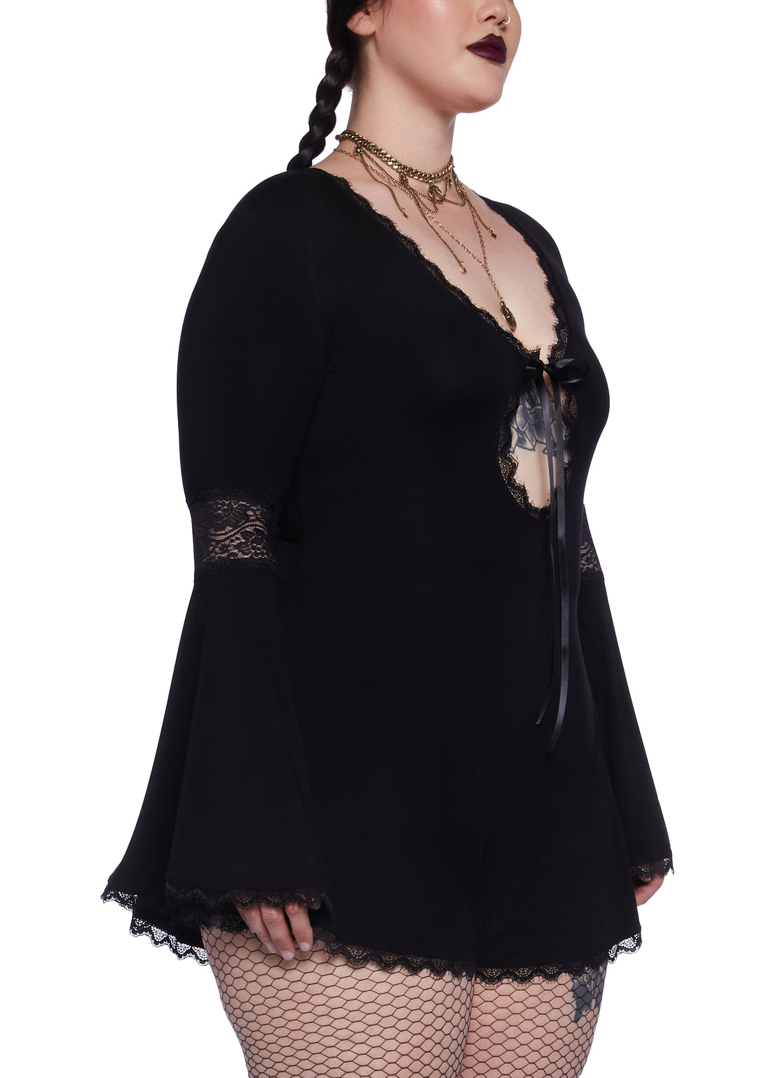 Plus Size Widow Goth Stretchy Knit Lace Romper - Black - Image 5