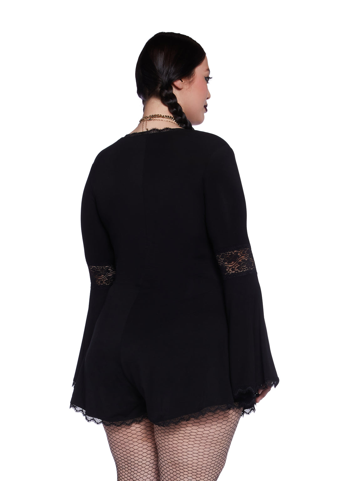 Plus Size Widow Goth Stretchy Knit Lace Romper - Black - Image 4