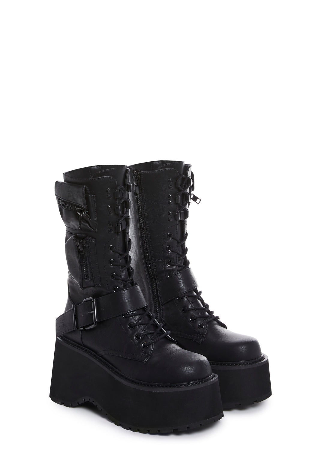 Current Mood Vegan Leather Platform Shoes With Pockets And Lace Up Zipper Closure - Black - Image 4