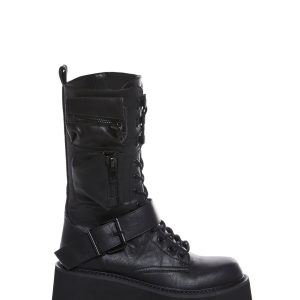 Current Mood Vegan Leather Platform Shoes With Pockets And Lace Up Zipper Closure - Black