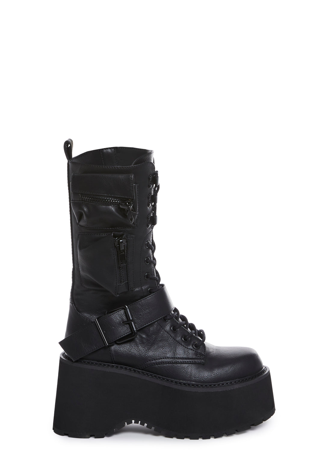 Current Mood Vegan Leather Platform Shoes With Pockets And Lace Up Zipper Closure - Black
