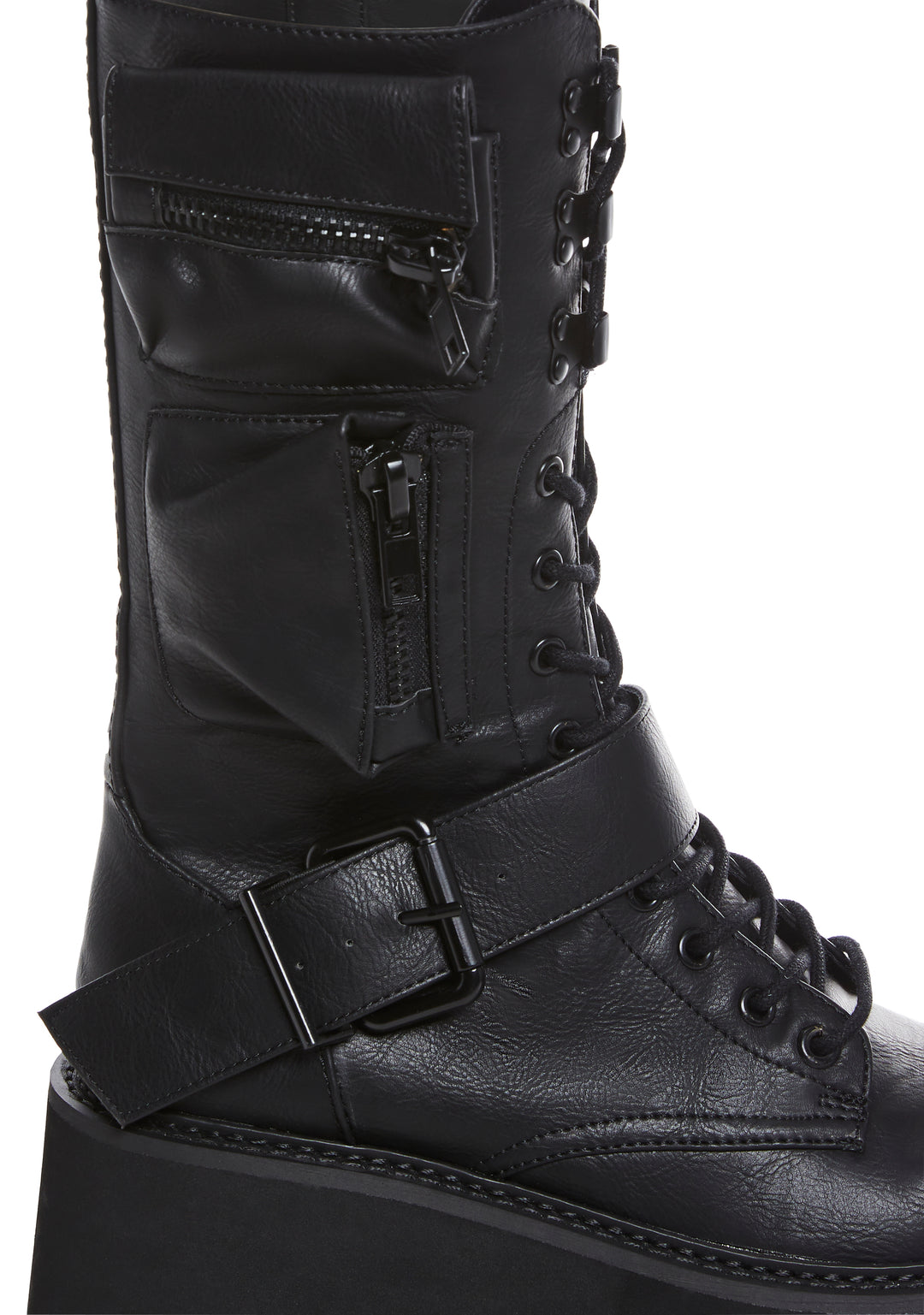 Current Mood Vegan Leather Platform Shoes With Pockets And Lace Up Zipper Closure - Black - Image 2