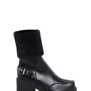 Lamoda Vegan Leather Fur Trim Platform Boots - Black