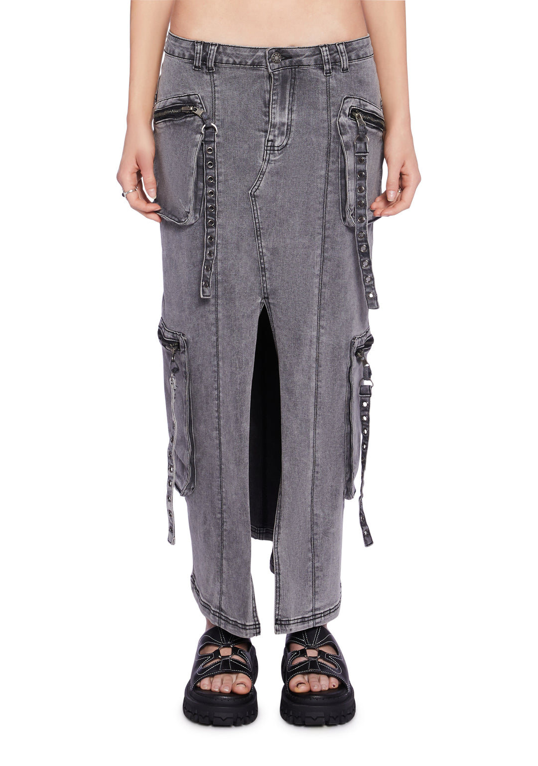 Delia's Washed Denim Maxi Skirt With Zippered Pockets Y2K - Gray