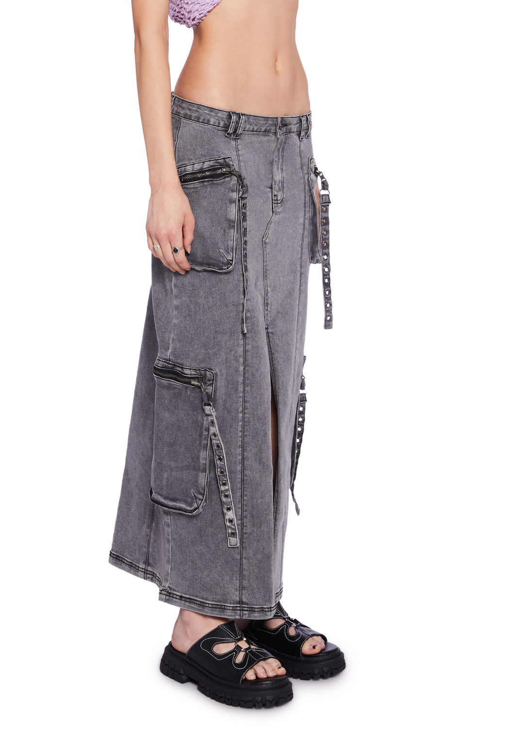 Delia's Washed Denim Maxi Skirt With Zippered Pockets Y2K - Gray - Image 3