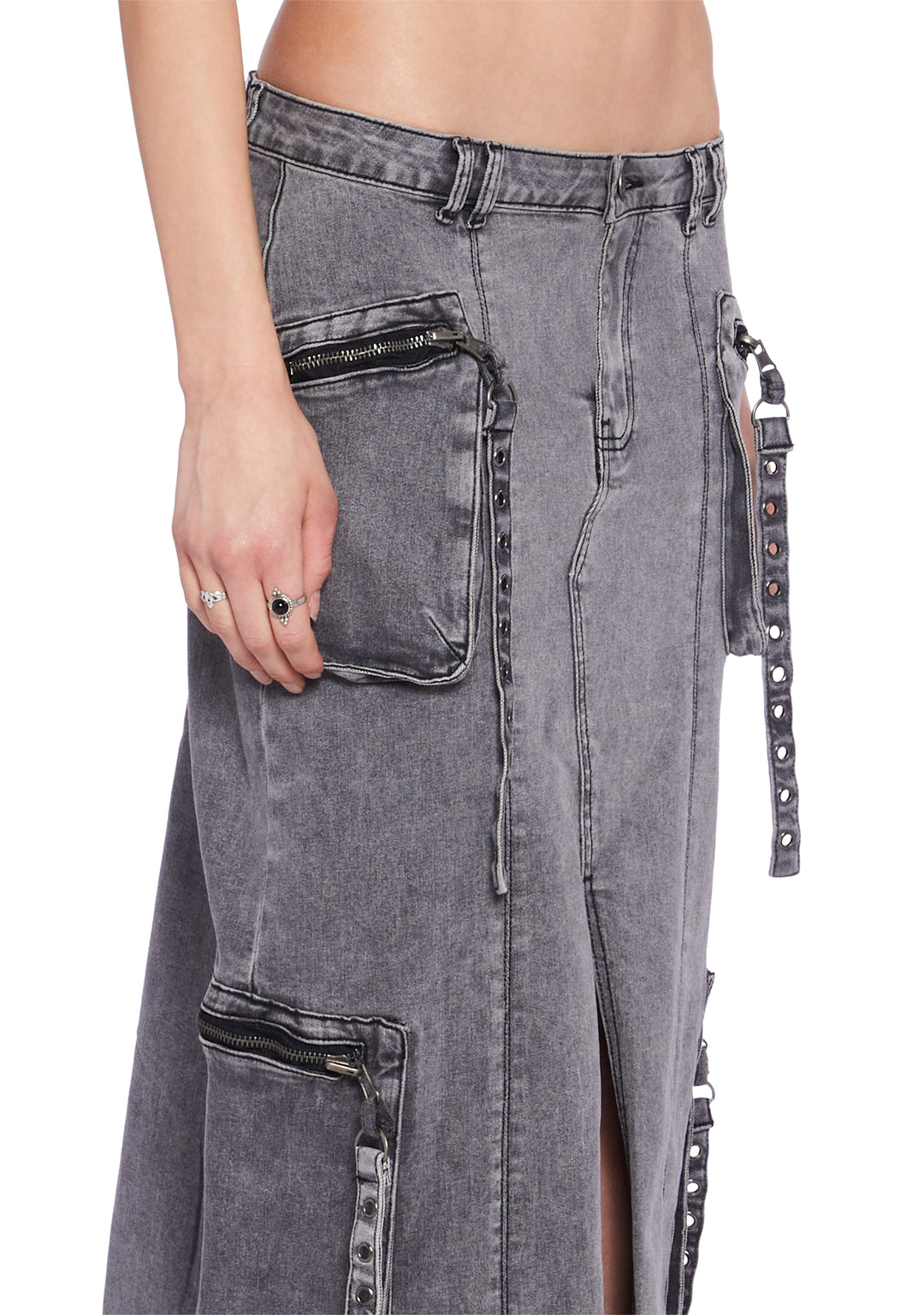 Delia's Washed Denim Maxi Skirt With Zippered Pockets Y2K - Gray - Image 5