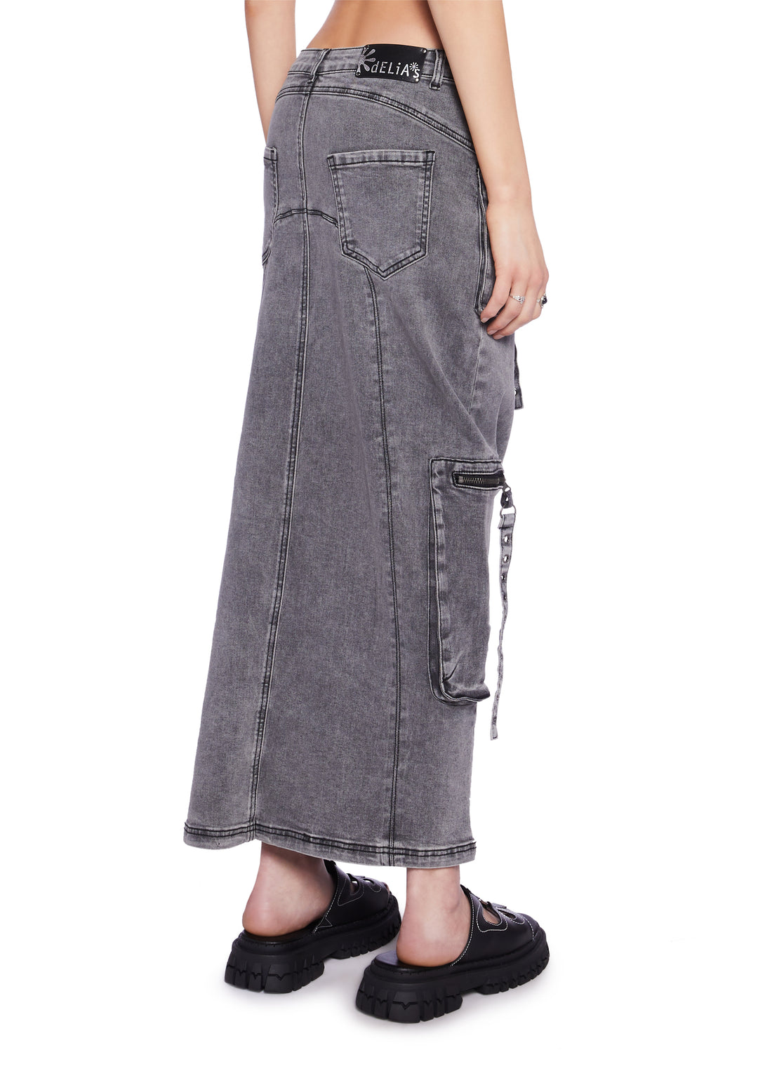 Delia's Washed Denim Maxi Skirt With Zippered Pockets Y2K - Gray - Image 4