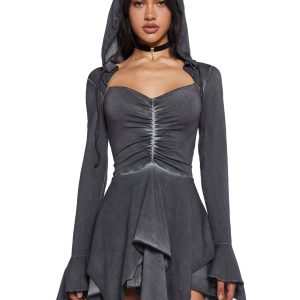 Current Mood Fairy Fairycore Washed Handkerchief Dress - Gray