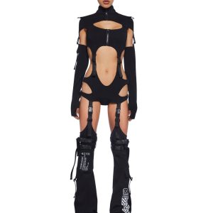 Club Exx Ponte Knit Cut Out Bodysuit With Shrug Leg Warmers That Are Detachable - Black